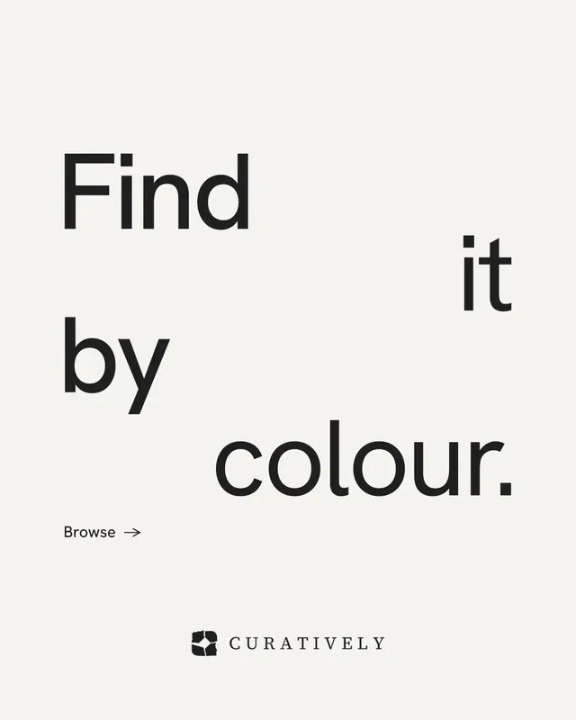 Instagram portrait post for Curatively: "Find it by colour." Minimal luxury style, stacked layout, light palette in white.