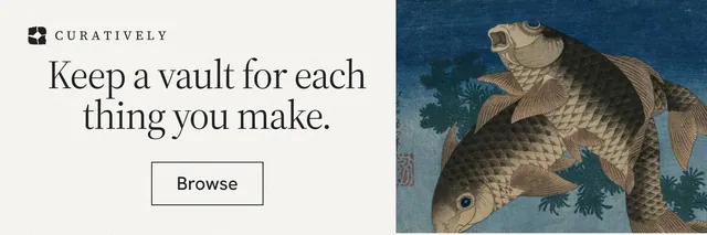 X header for Curatively: "Keep a vault for each thing you make." Editorial style, skeleton layout, light palette in white, blue, grey.