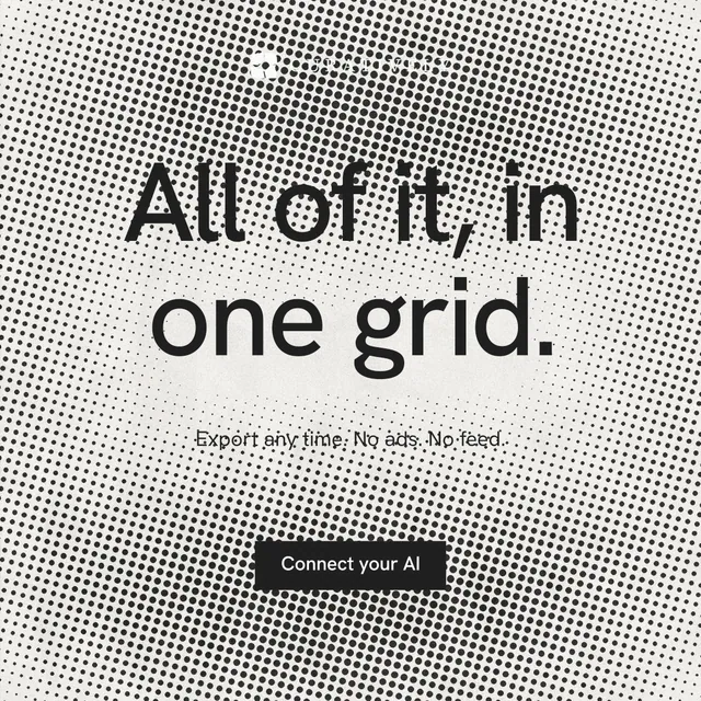 Instagram post for Curatively: "All of it, in one grid." Swiss style, centred layout, light palette in grey, white.
