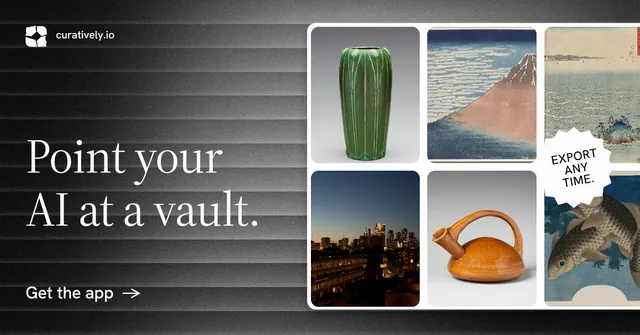 Social ad for Curatively: "Point your AI at a vault." Minimal luxury style, sticker layout, dark palette in grey, black, white.