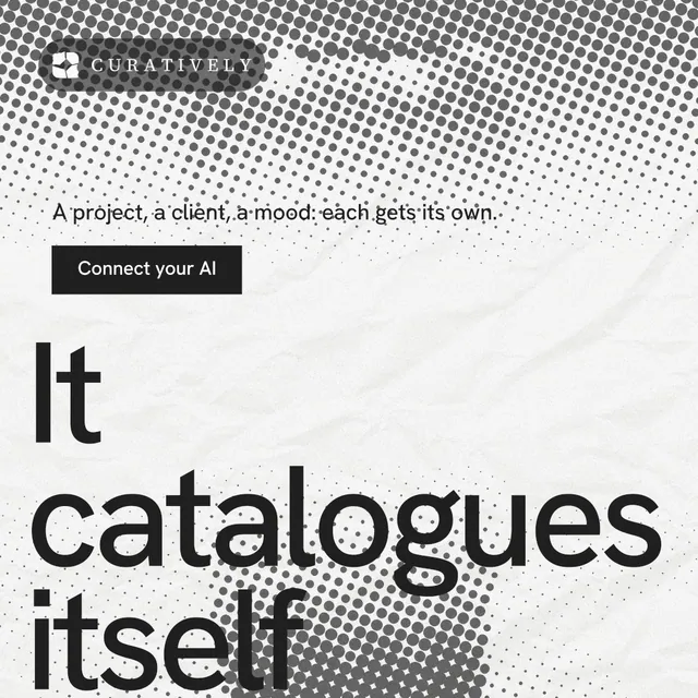 Instagram post for Curatively: "Find it by colour." Swiss style, oversized layout, light palette in grey, white.
