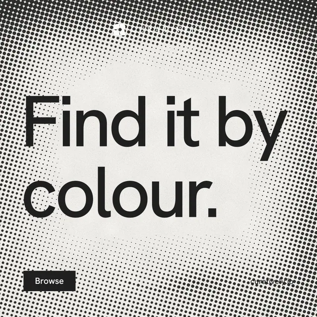 Instagram post for Curatively: "Find it by colour." Swiss style, poster layout, light palette in grey, white.