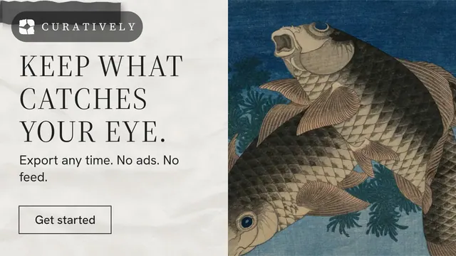 Landscape graphic for Curatively: "Keep what catches your eye." Editorial style, bottom layout, light palette in grey, blue, white.