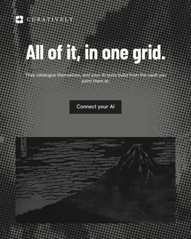 Instagram portrait post for Curatively: "All of it, in one grid." Retro print style, centred layout, dark palette in grey, black.