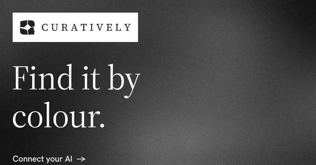 Social ad for Curatively: "Find it by colour." Minimal luxury style, announce layout, dark palette in black, grey.