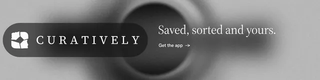 LinkedIn banner for Curatively: "Saved, sorted and yours." Minimal luxury style, logo hero layout, light palette in black, grey.