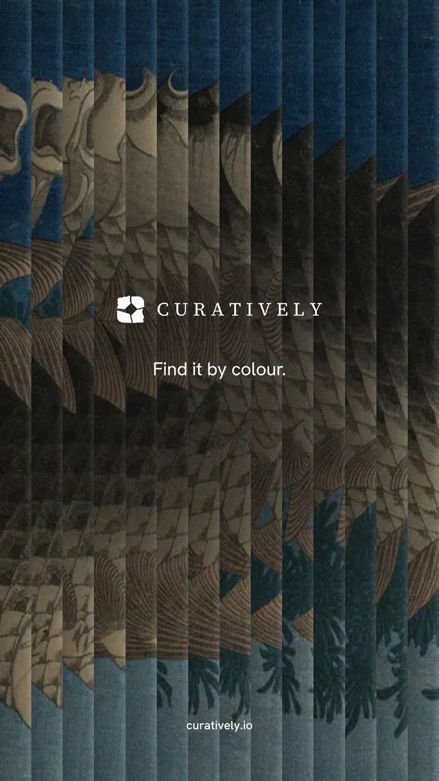 Instagram story for Curatively: "Find it by colour." Minimal luxury style, end card layout, dark palette in black, grey, blue.