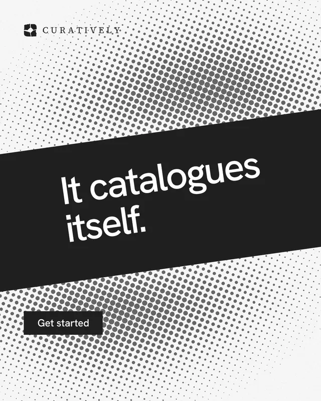 Instagram portrait post for Curatively: "It catalogues itself." Swiss style, diagonal layout, light palette in white, black, grey.