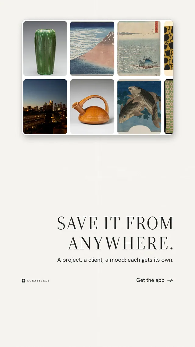 Instagram story for Curatively: "Save it from anywhere." Minimal luxury style, right layout, light palette in white, grey.