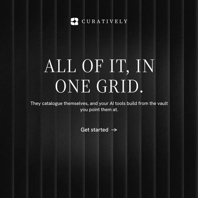 Instagram post for Curatively: "All of it, in one grid." Minimal luxury style, centred layout, dark palette in black, grey.