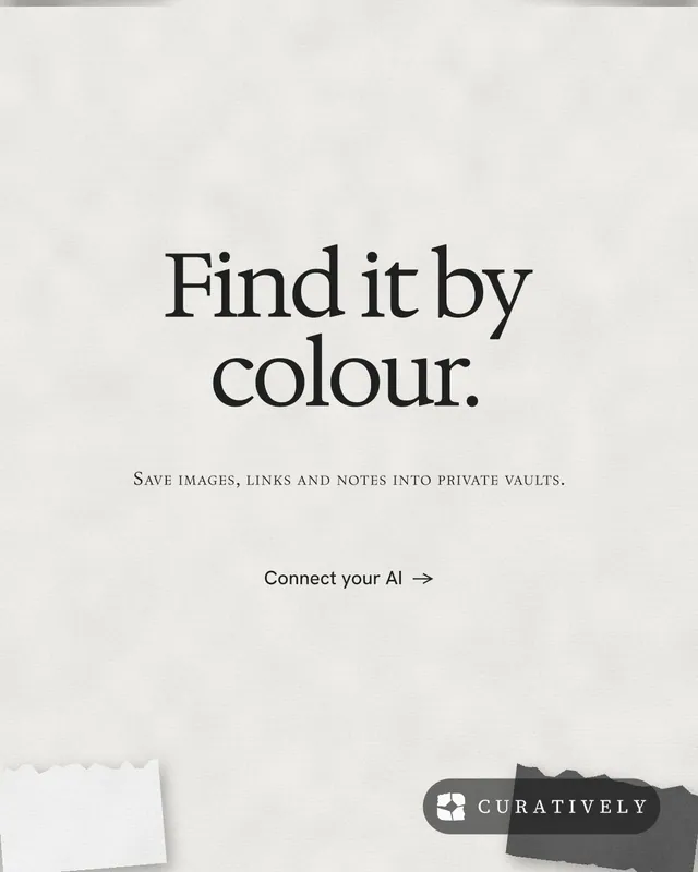 Instagram portrait post for Curatively: "Find it by colour." Swiss style, smallcaps layout, light palette in white, grey.