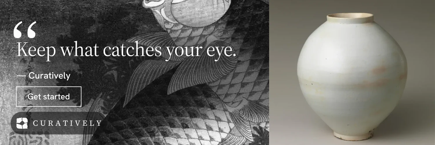 X header for Curatively: "Saved, sorted and yours." Editorial style, quote layout, dark palette in grey, black.