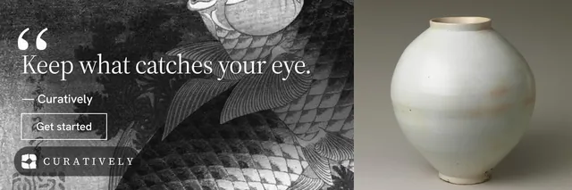 X header for Curatively: "Saved, sorted and yours." Editorial style, quote layout, dark palette in grey, black.