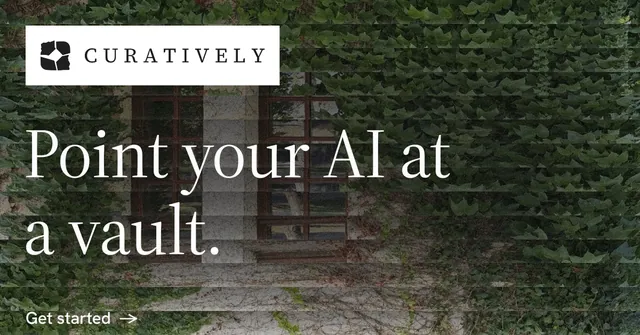 Social ad for Curatively: "Point your AI at a vault." Minimal luxury style, announce layout, dark palette in black, grey.