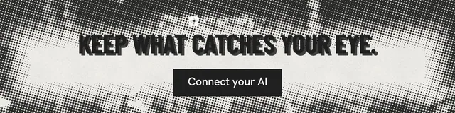 LinkedIn banner for Curatively: "Keep what catches your eye." Retro print style, skeleton layout, light palette in black, grey, white.