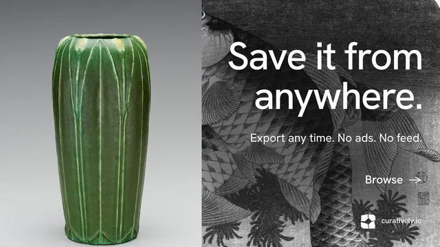 Landscape graphic for Curatively: "Save it from anywhere." Minimal luxury style, right layout, dark palette in grey, black, white.