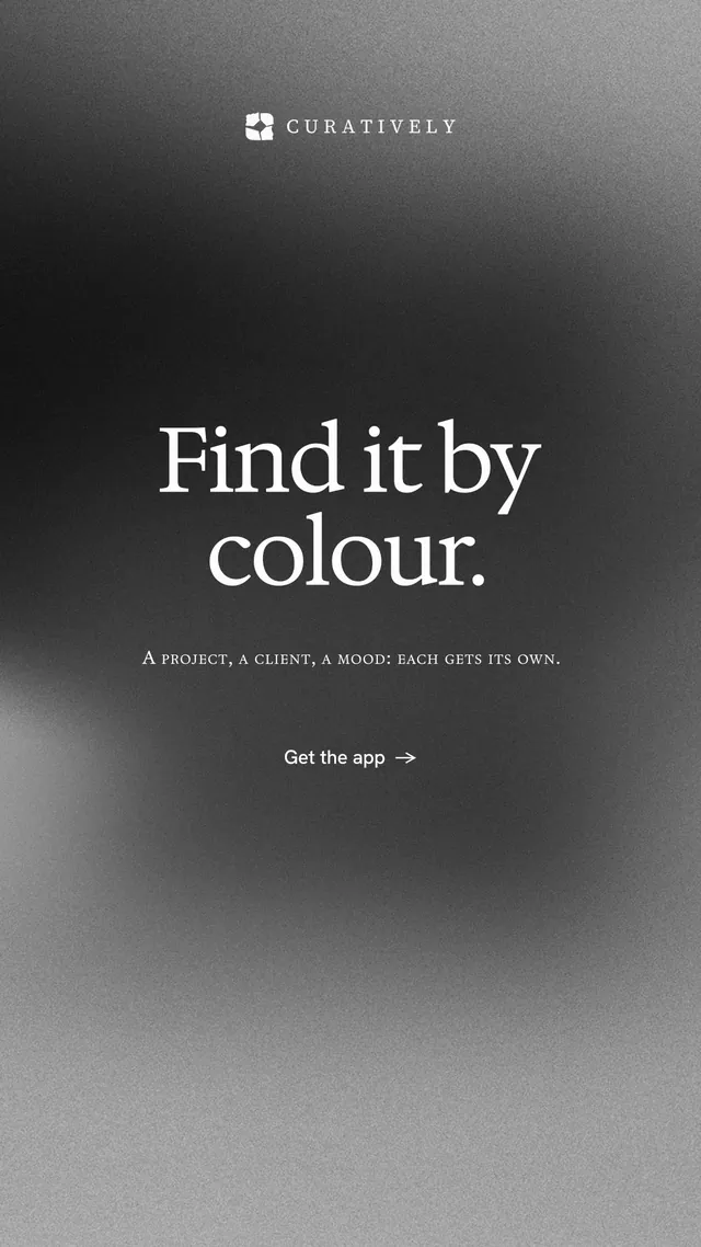 Instagram story for Curatively: "Find it by colour." Minimal luxury style, smallcaps layout, dark palette in grey, black.