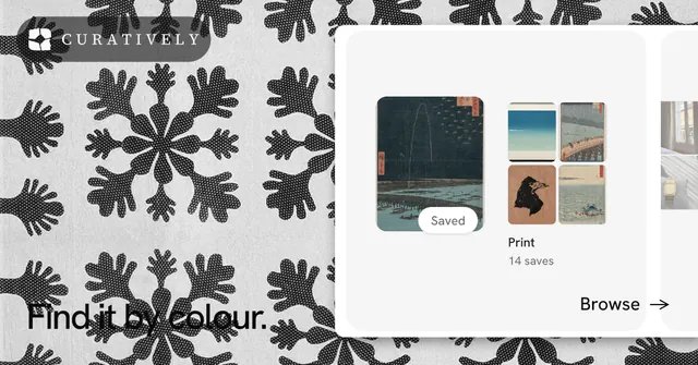 Social ad for Curatively: "Find it by colour." Swiss style, image led layout, light palette in white, grey.