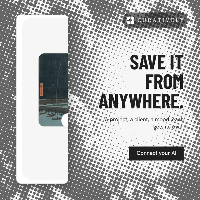 Instagram post for Curatively: "Save it from anywhere." Retro print style, right layout, light palette in grey, white.