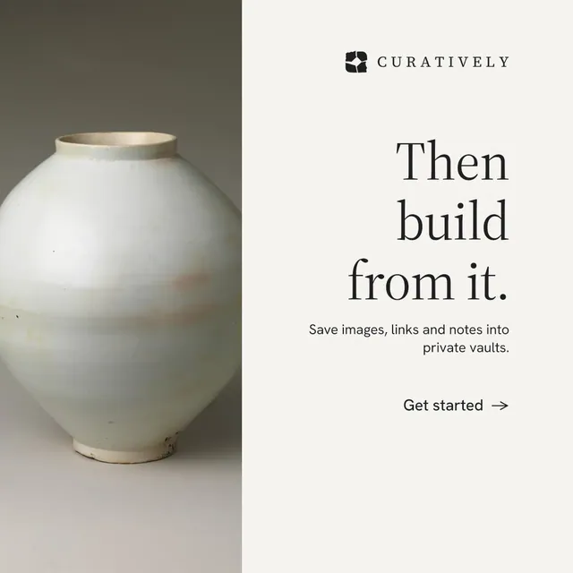 Instagram post for Curatively: "Then build from it." Minimal luxury style, right layout, light palette in white, grey.