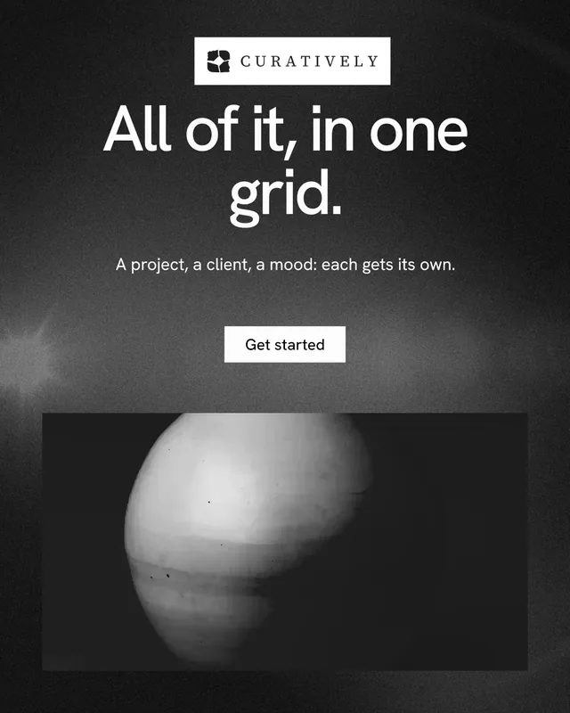 Instagram portrait post for Curatively: "All of it, in one grid." Swiss style, centred layout, dark palette in black, grey.