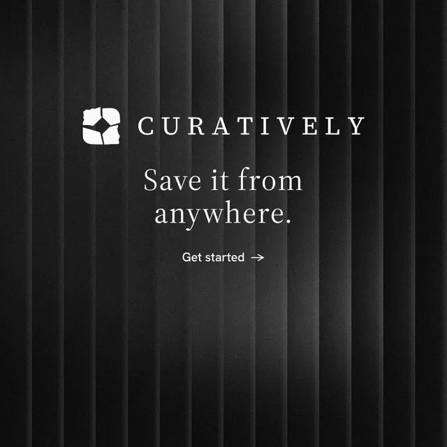 Instagram post for Curatively: "Save it from anywhere." Minimal luxury style, logo hero layout, dark palette in black, grey.