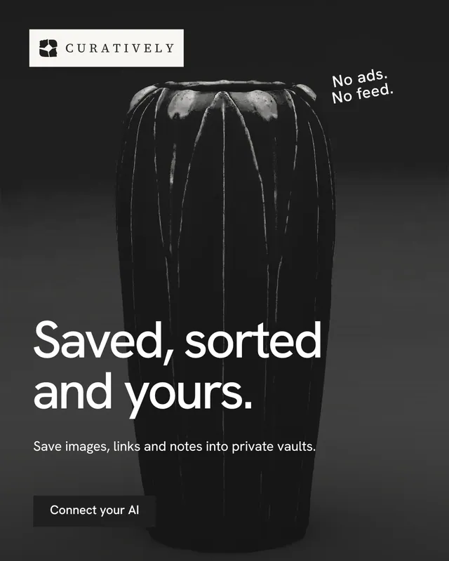Instagram portrait post for Curatively: "Saved, sorted and yours." Swiss style, sticker layout, dark palette in black, grey.