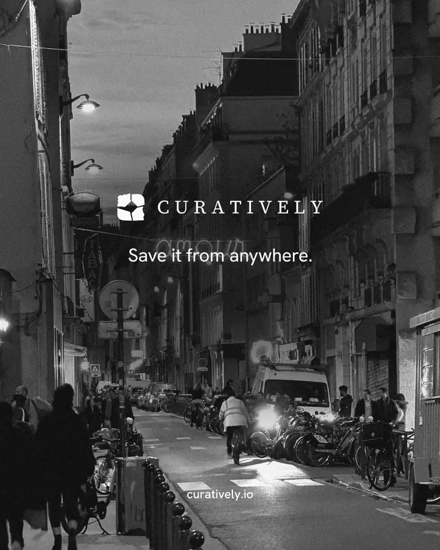 Instagram portrait post for Curatively: "Save it from anywhere." Editorial style, end card layout, dark palette in black, grey.