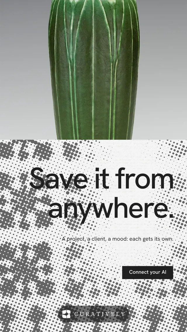 Instagram story for Curatively: "Save it from anywhere." Swiss style, right layout, light palette in grey, white.