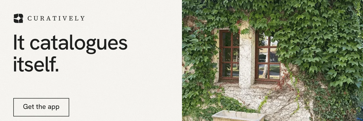 X header for Curatively: "It catalogues itself." Editorial style, bottom layout, light palette in white, green, grey.