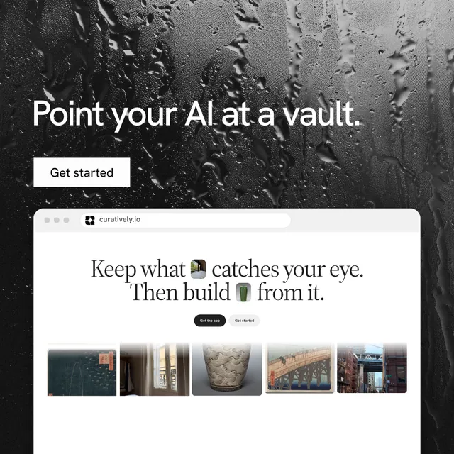 Instagram post for Curatively: "Point your AI at a vault." Swiss style, browser layout, light palette in black, white, grey.