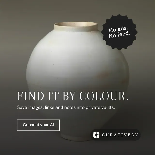 Instagram post for Curatively: "Find it by colour." Editorial style, sticker layout, dark palette in grey, black.