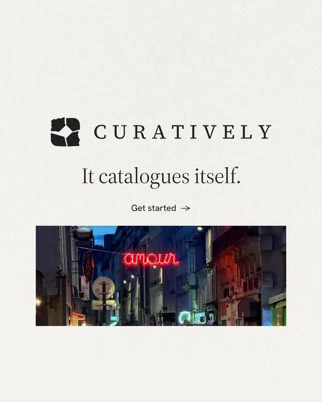 Instagram portrait post for Curatively: "It catalogues itself." Minimal luxury style, logo hero layout, light palette in white, grey.