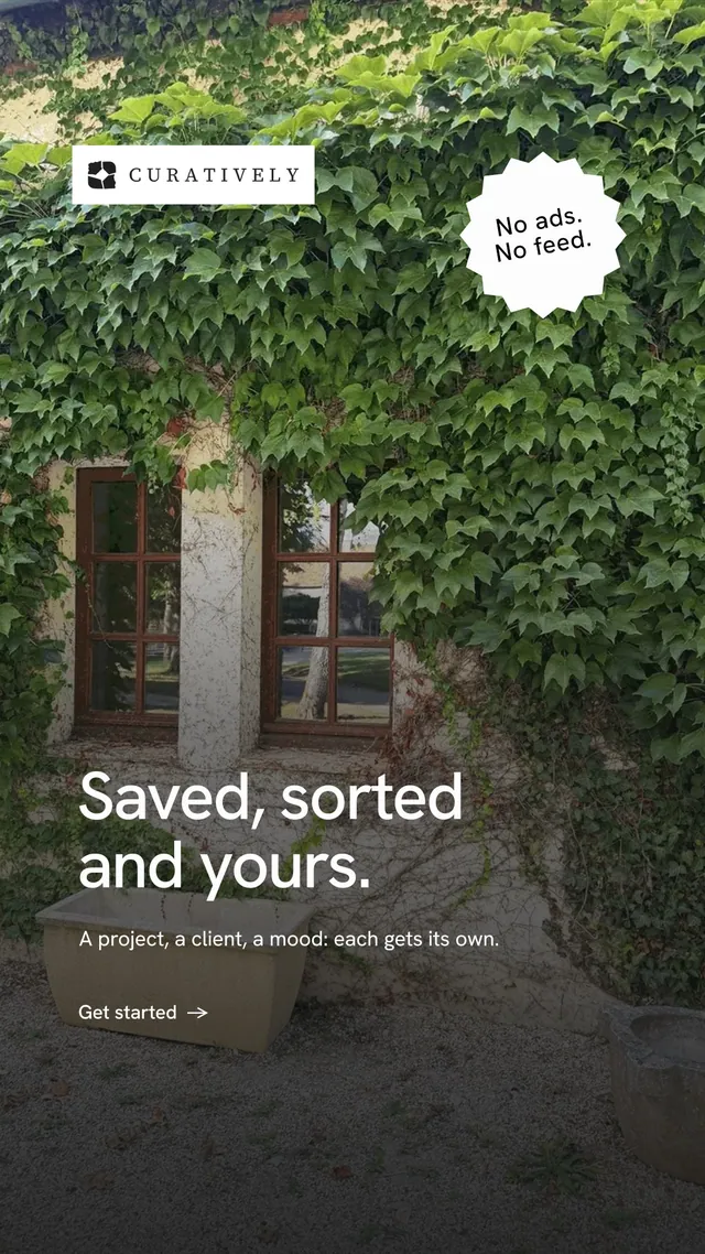 Instagram story for Curatively: "Saved, sorted and yours." Minimal luxury style, sticker layout, dark palette in black, grey.