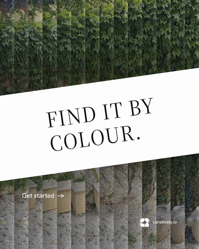 Instagram portrait post for Curatively: "Find it by colour." Minimal luxury style, diagonal layout, light palette in black, grey, white.