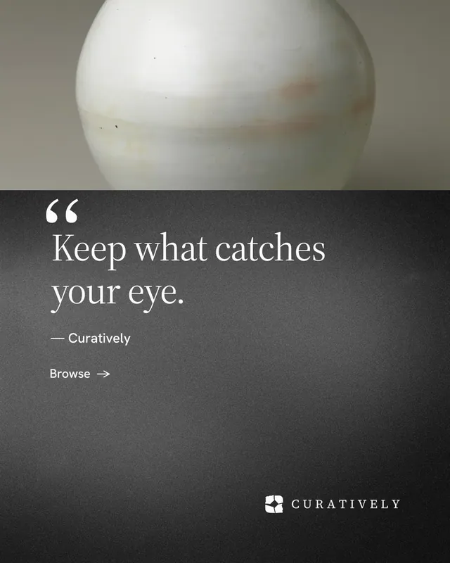 Instagram portrait post for Curatively: "Keep what catches your eye." Minimal luxury style, quote layout, dark palette in grey, black.