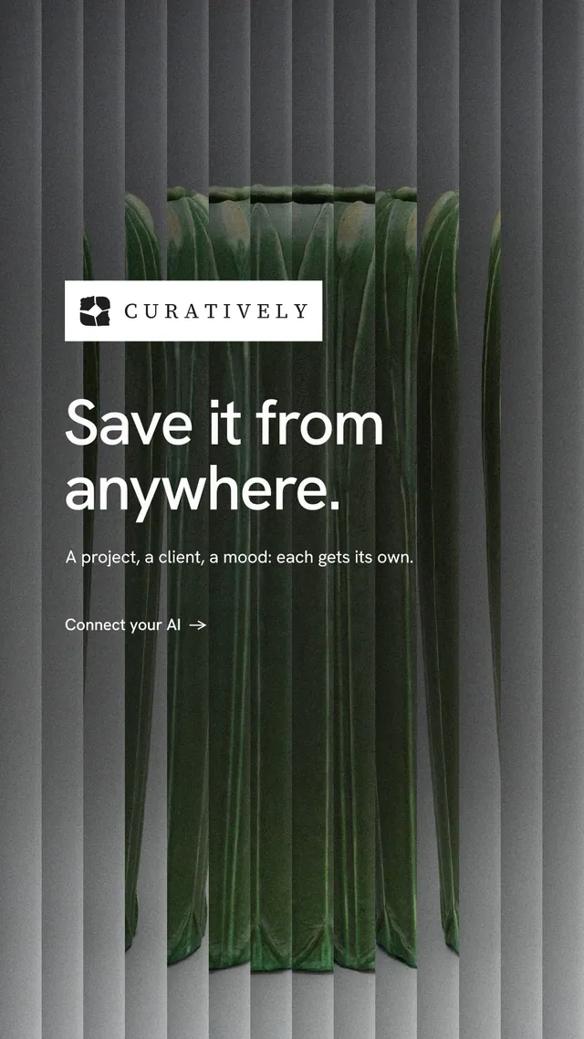 Instagram story for Curatively: "Save it from anywhere." Minimal luxury style, announce layout, dark palette in grey, black.