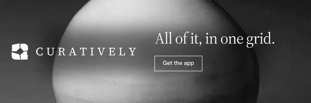 X header for Curatively: "All of it, in one grid." Editorial style, logo hero layout, dark palette in grey, black.