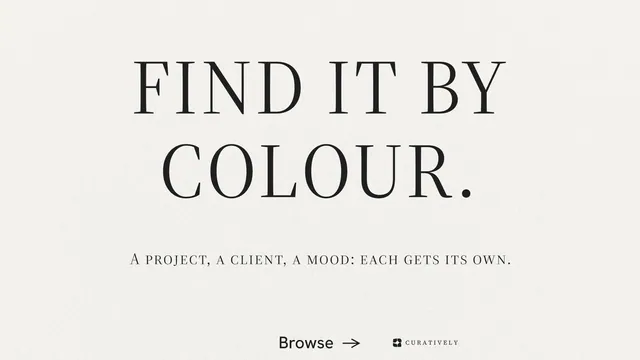 Landscape graphic for Curatively: "Find it by colour." Minimal luxury style, smallcaps layout, light palette in white, grey.