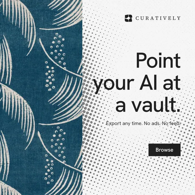 Instagram post for Curatively: "Point your AI at a vault." Swiss style, right layout, light palette in blue, grey, white.