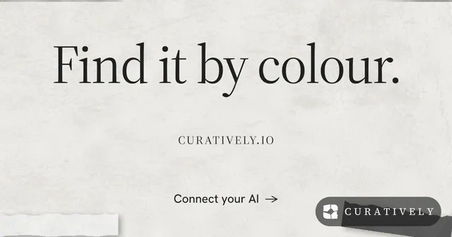 Social ad for Curatively: "Find it by colour." Editorial style, smallcaps layout, light palette in white, grey.