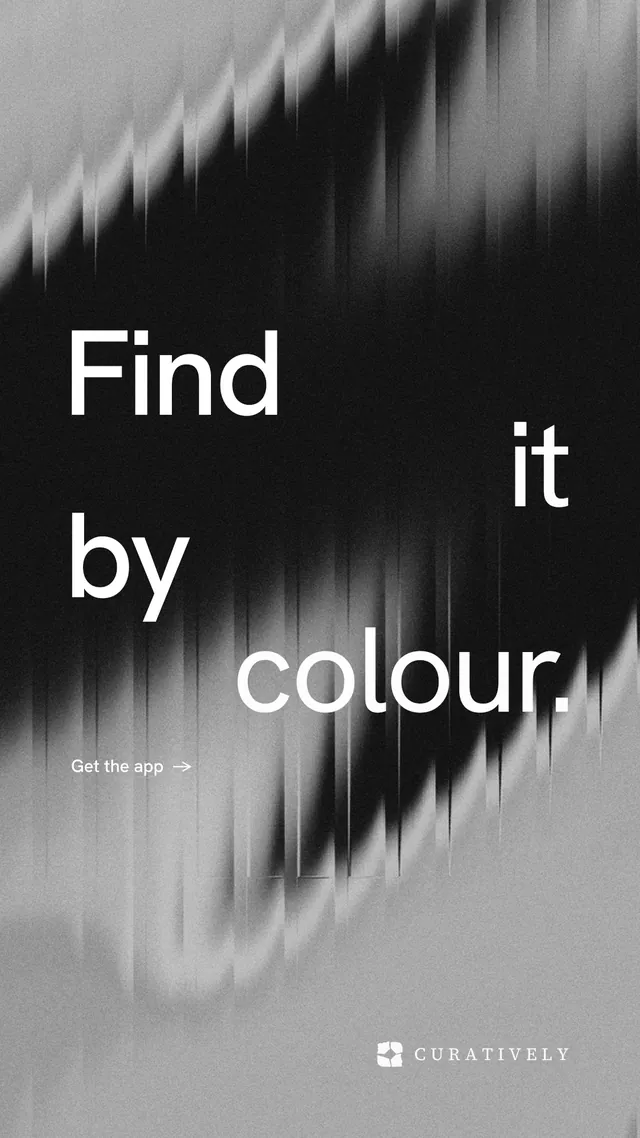 Instagram story for Curatively: "Find it by colour." Minimal luxury style, stacked layout, dark palette in black, grey.