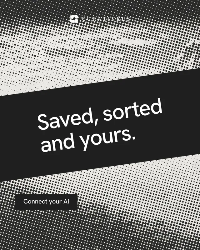 Instagram portrait post for Curatively: "Saved, sorted and yours." Swiss style, diagonal layout, dark palette in grey, black.