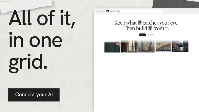 Landscape graphic for Curatively: "All of it, in one grid." Swiss style, browser layout, light palette in white, grey.