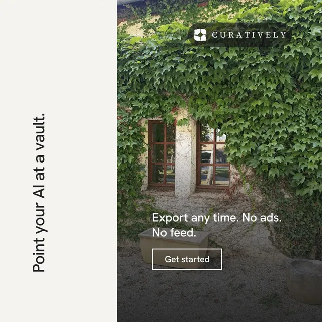 Instagram post for Curatively: "Point your AI at a vault." Editorial style, vertical layout, light palette in white, grey, black.