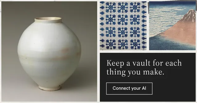 Social ad for Curatively: "Keep a vault for each thing you make." Editorial style, collage layout, light palette in grey, black, white.