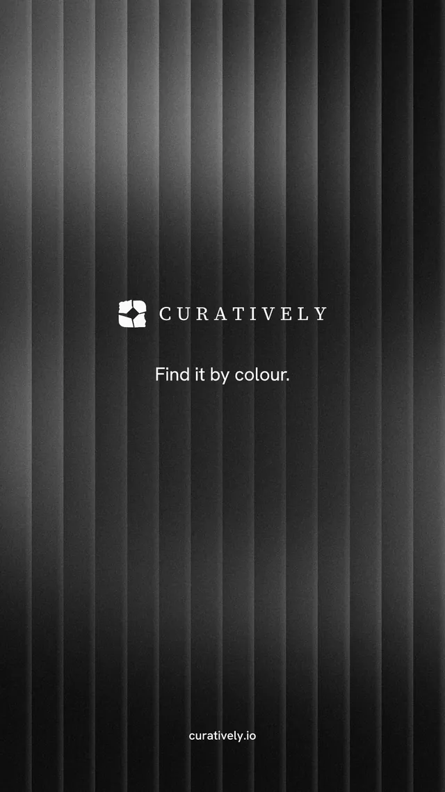 Instagram story for Curatively: "Find it by colour." Minimal luxury style, end card layout, dark palette in black, grey.