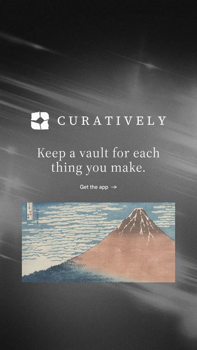 Instagram story for Curatively: "Keep a vault for each thing you make." Minimal luxury style, logo hero layout, dark palette in grey, black.