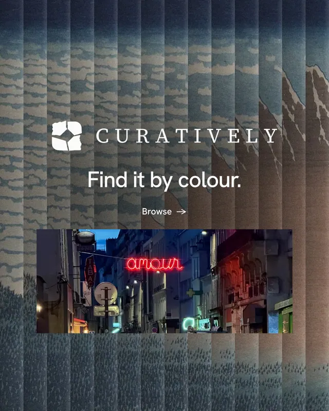Instagram portrait post for Curatively: "Find it by colour." Minimal luxury style, logo hero layout, dark palette in grey, blue.