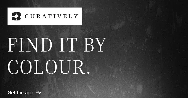 Social ad for Curatively: "Find it by colour." Minimal luxury style, announce layout, dark palette in grey, black.